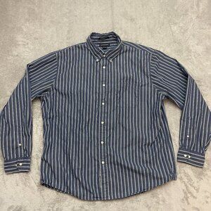Lands’ End Supima Cotton Long Sleeve Button Up Shirt Blue Striped Men XL 17-17.5